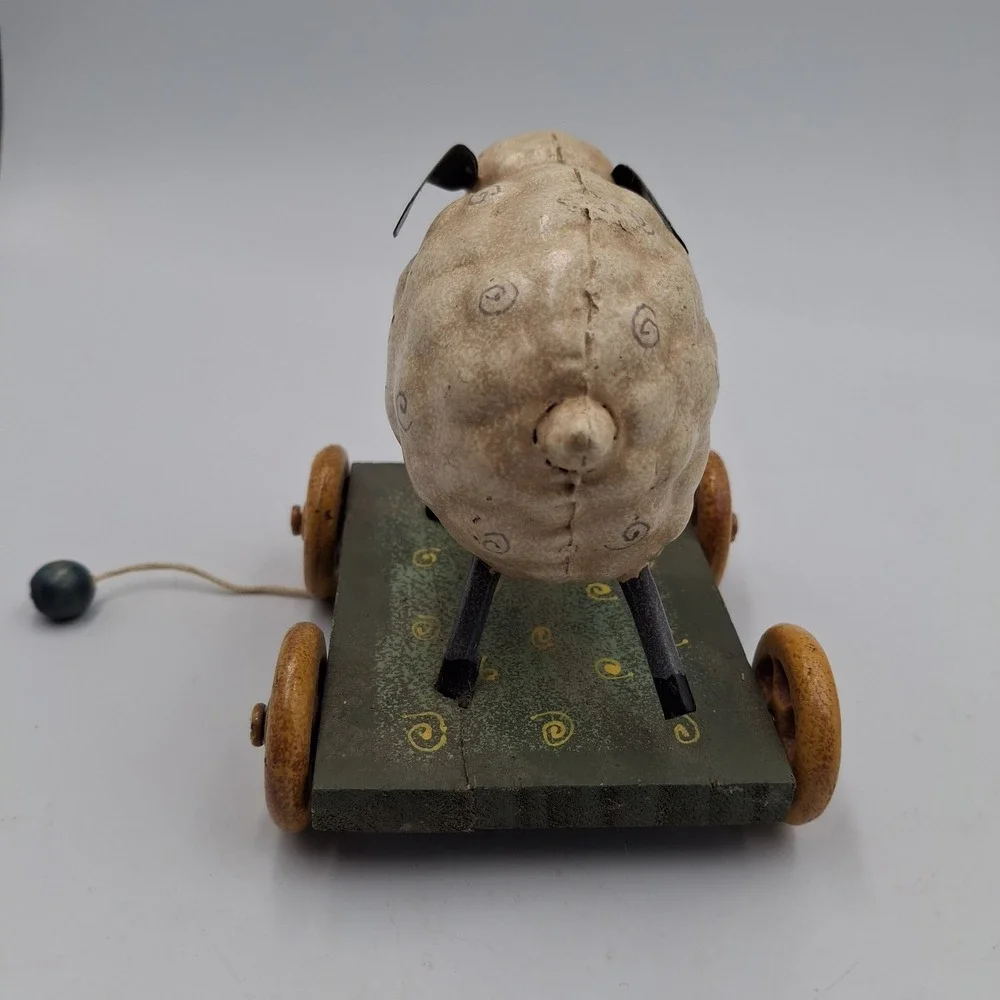 Primitive Folk Art Sheep Pull Toy Figurine Vintage Style Lamb on Wheels Decor